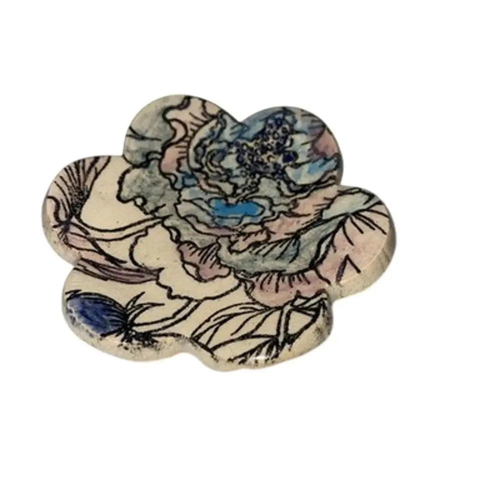Studio Pottery Small Ring Dish Cream With Floral Pattern Blue Pink Glaze 2”